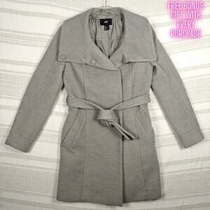H&M Gray Belted Long Coat Snap Button Pockets Wool Blend Size 6